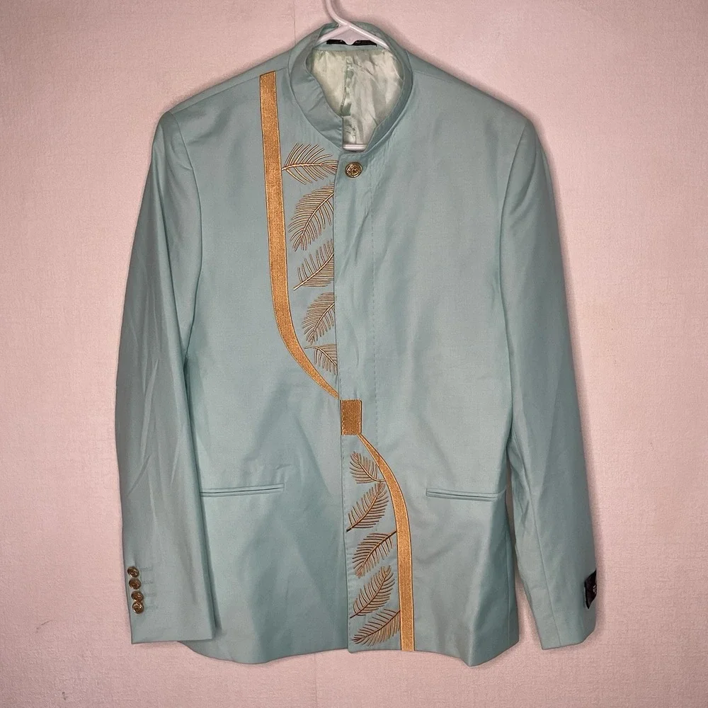 Fonte Mint Green Wool Blazer Mens Size 48 Gold‎ Embroidery Mandarin Stand Collar